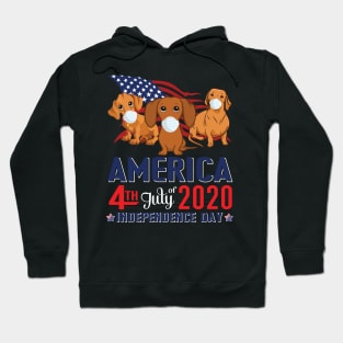 Dachshund Dogs With US Flag And Face Masks Happy America 4th July Of 2020 Independence Day Hoodie